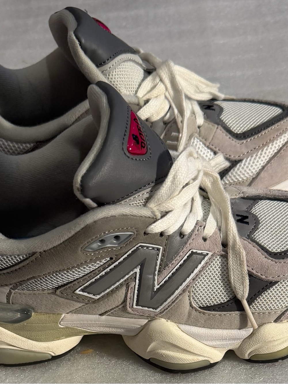 New Balance 9060 Gray and White Leather Mesh Sneakers with Red Accent - Picture 8 of 8